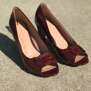 Aigner red shimmer pumps peep toe buckle